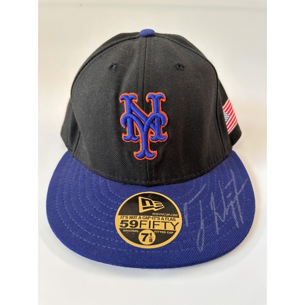 New York Mets Hat Cap Fitted Mens 7 1/8 Black MLB Baseball New Era Autographed